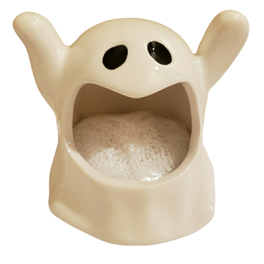 Halloween Ghost Sponge Holder Decor Full Moon NEW Ceramic 3" White Black